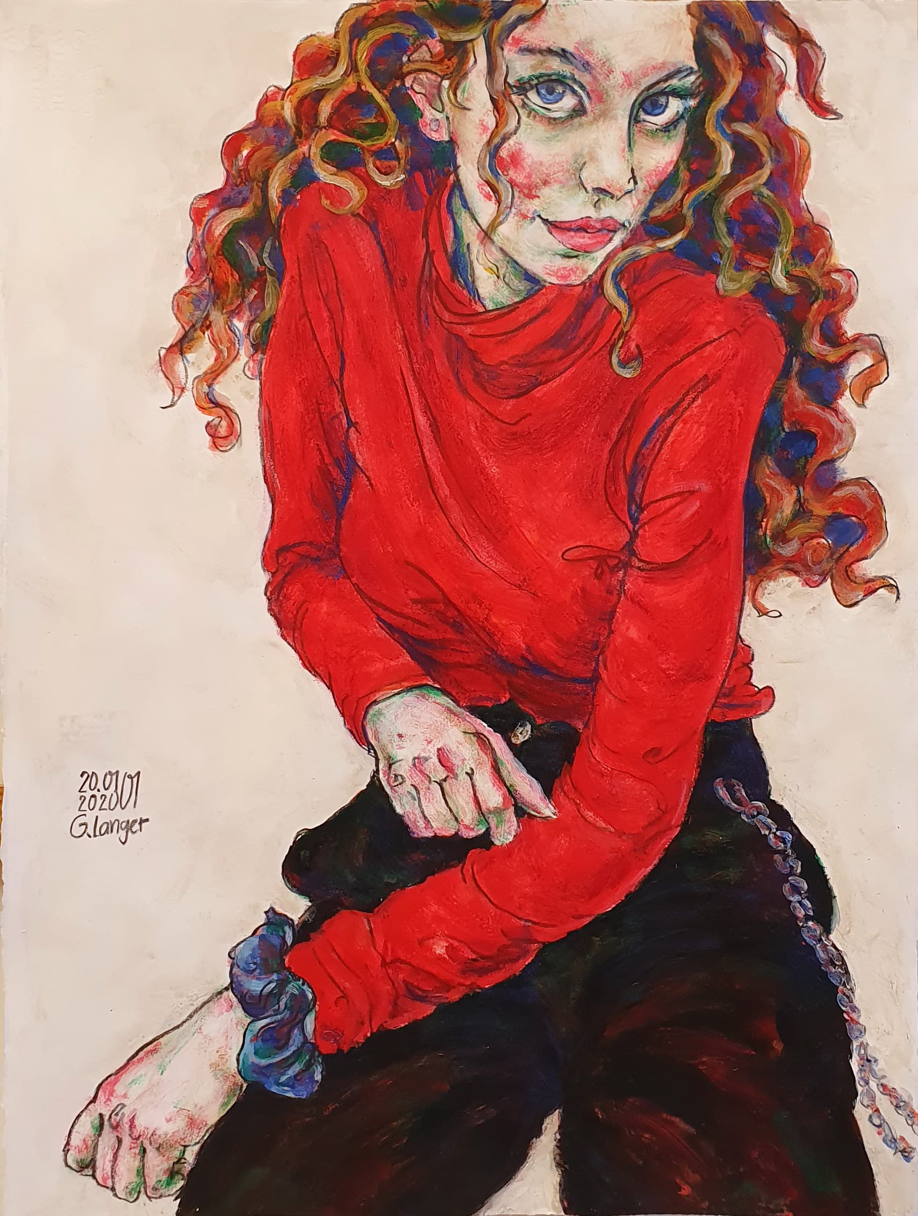 Gunter Langer, Sitzendes Mädchen im rotem Top, aufschauend, Flamme, 2020, Acryl Wasserfarbe Bleistift, Büttenpapier, 76 x 57 cm